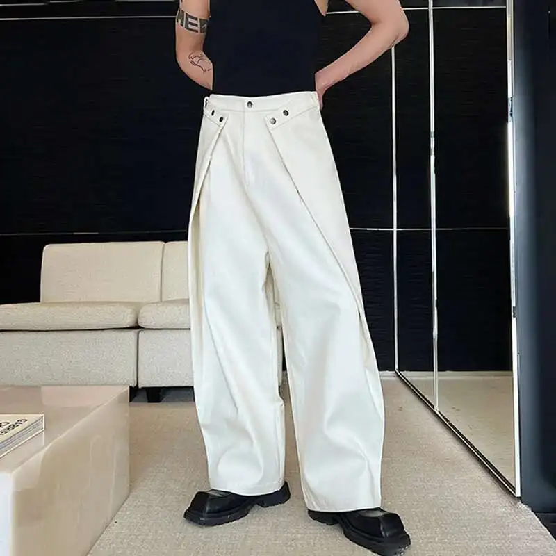 Luzhen moda elegante retalhos ruched calças casuais masculinas 2025 cor sólida na moda em linha reta solta perna larga terno calças lz1611