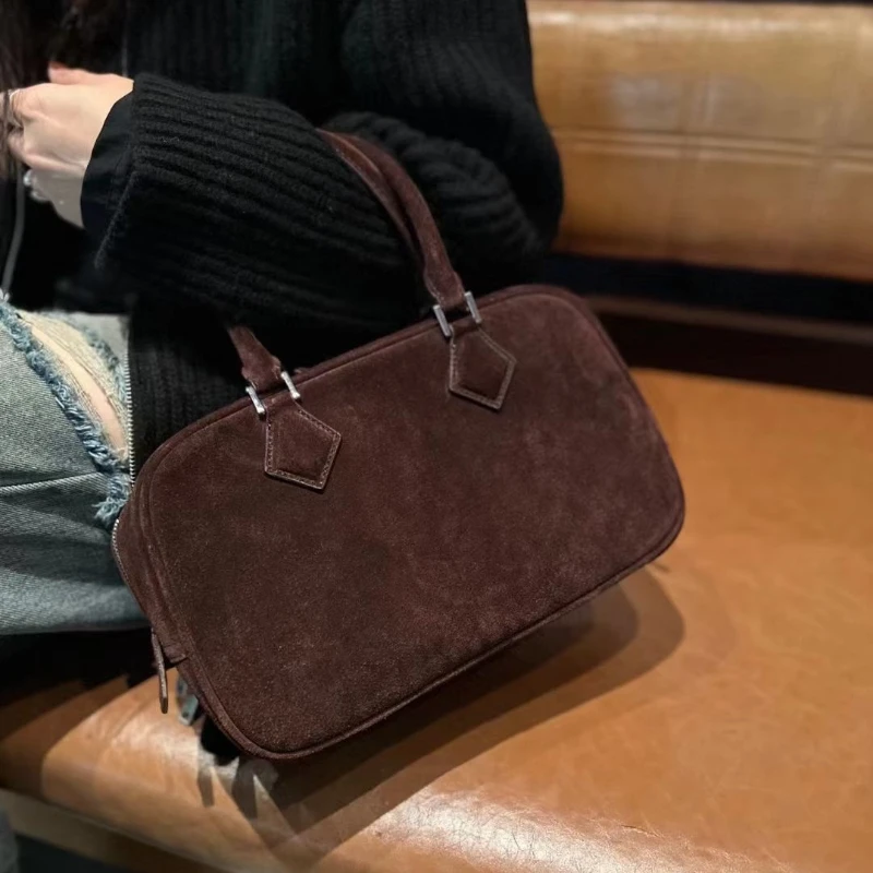 Women's Suede Bowling Bag New In Winter Trend Frosted Genuine Leather Square Handbags High Quality Luxury Designer Crossbody Bag