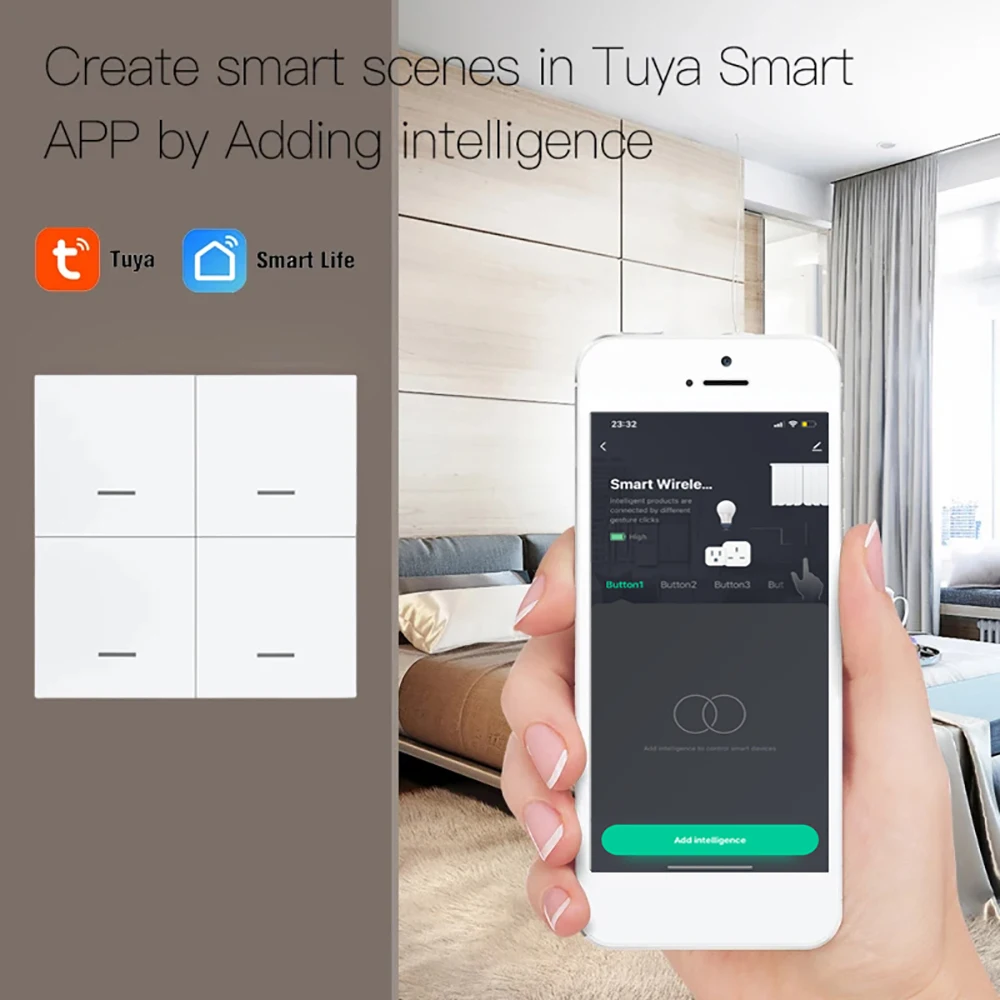 4 Gang Tuya ZigBee Wireless 12 Scene Switch Push Button Controller Battery Powered Home Automation Scenario for Tuya Devices