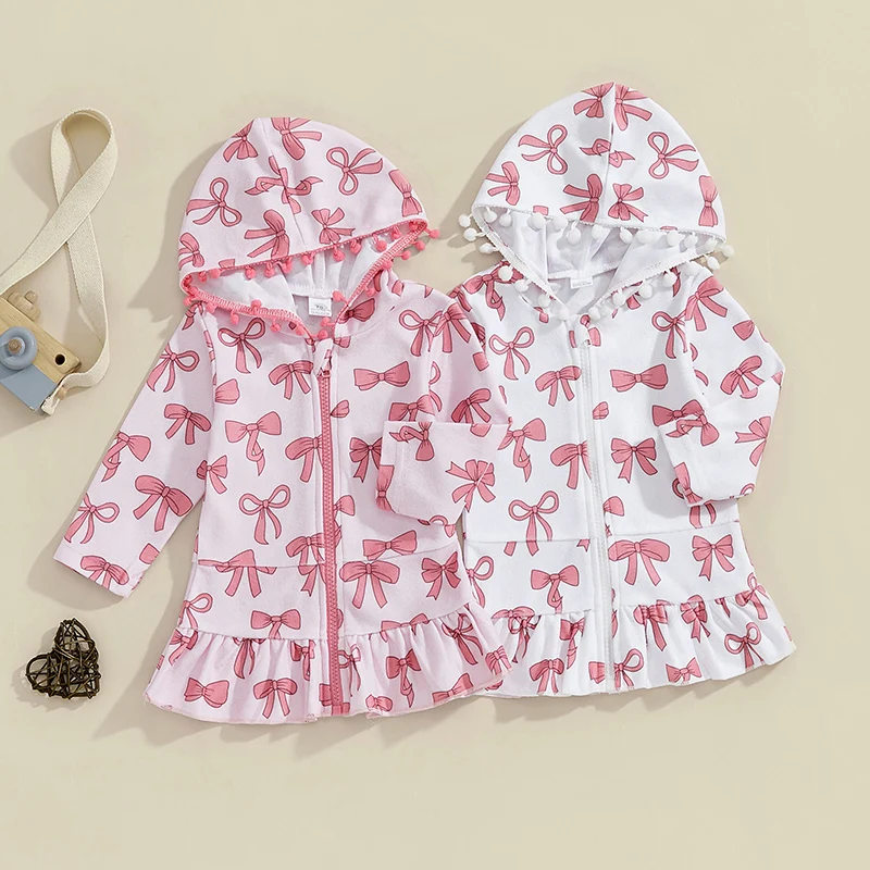 Girls Hooded Beach Robe Bow Print Long Sleeve Zipper Closure Loose Ruffled Hem Cover-Up