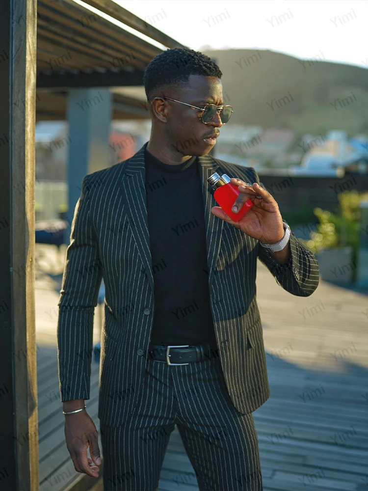 Black Pinstripe Men's Suits 2 Pieces Notched Lapel Single Brasted Wedding Guest Suit Office Business Slim Fit Blazer Customized