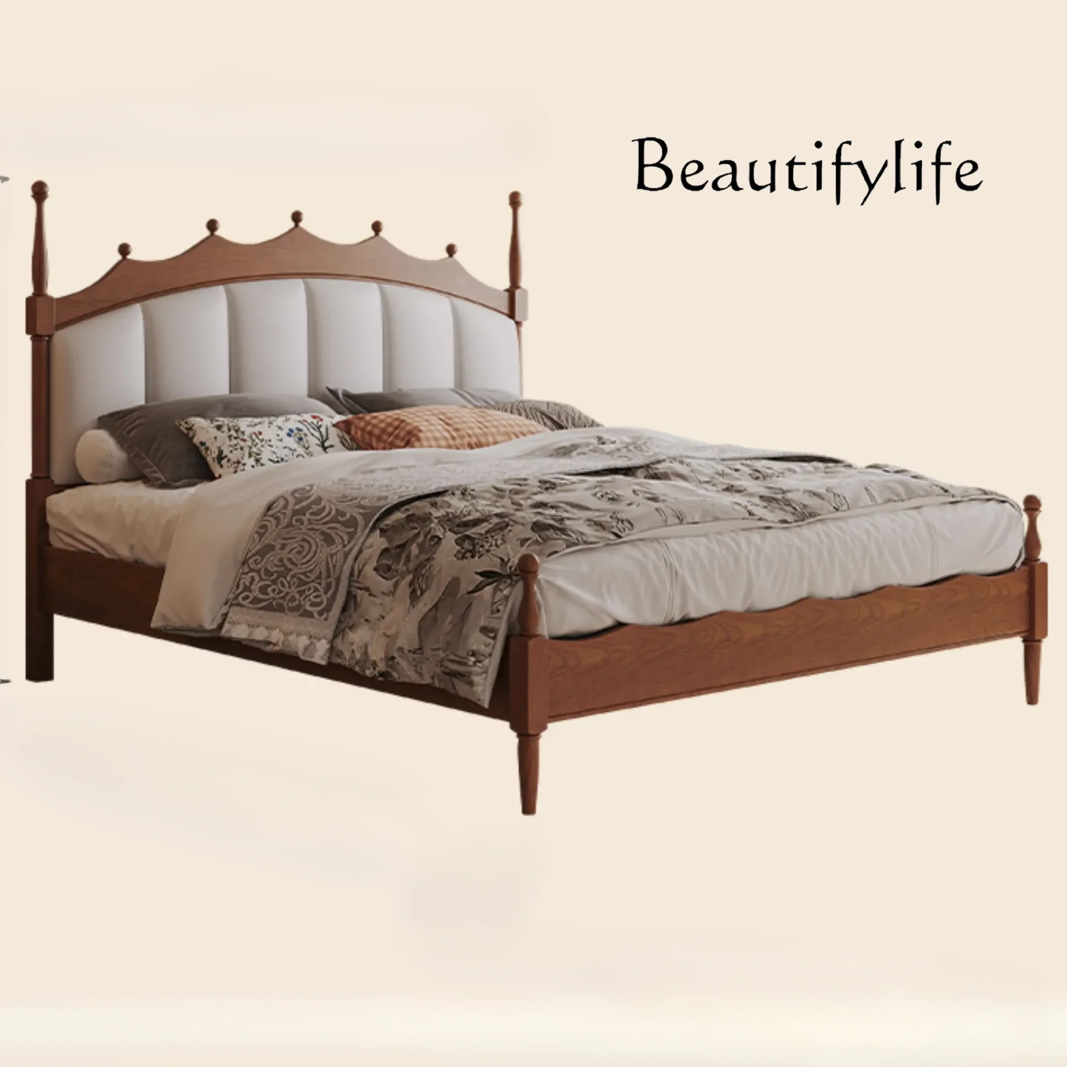 X36 Medieval Crown Bed French Retro 1.8 Meters Double Bed Master Bedroom 1.5 Soft Bag Caramel Ash Wood