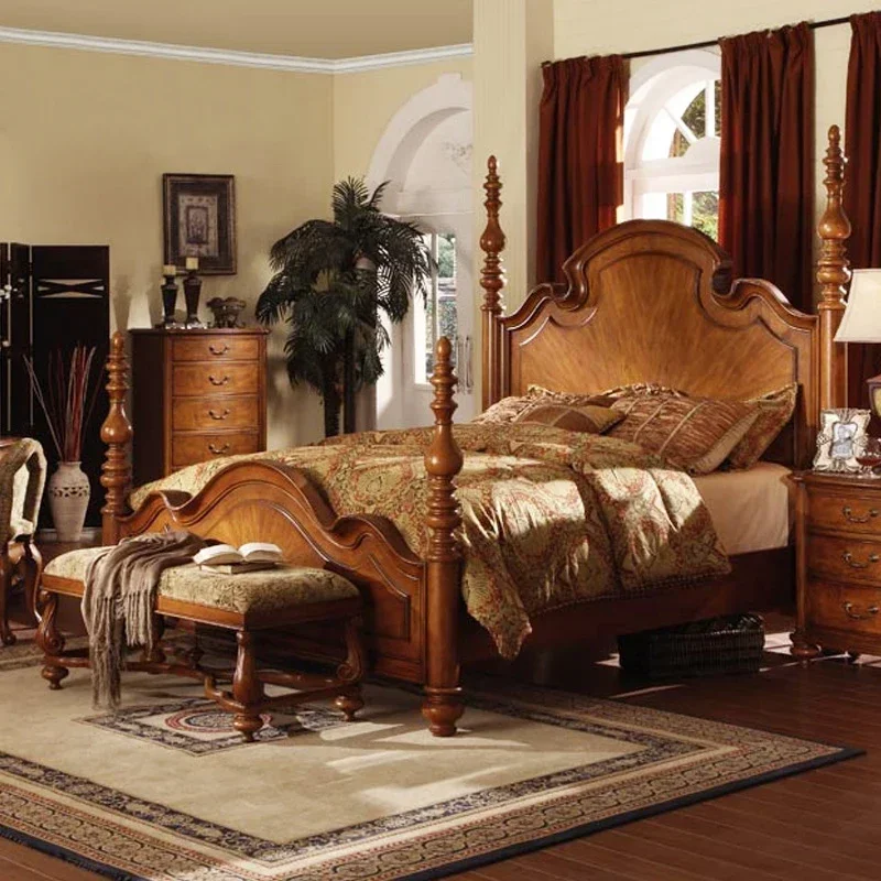 

American solid wood bed master bedroom double European retro big bed luxury pillar high column emperor