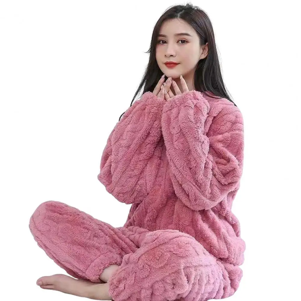 Elastic Waist Pajama Pants Top Pants Pajama Set Cozy Coral Fleece Winter Pajamas Set for Couples Thickened Homewear Loungewear