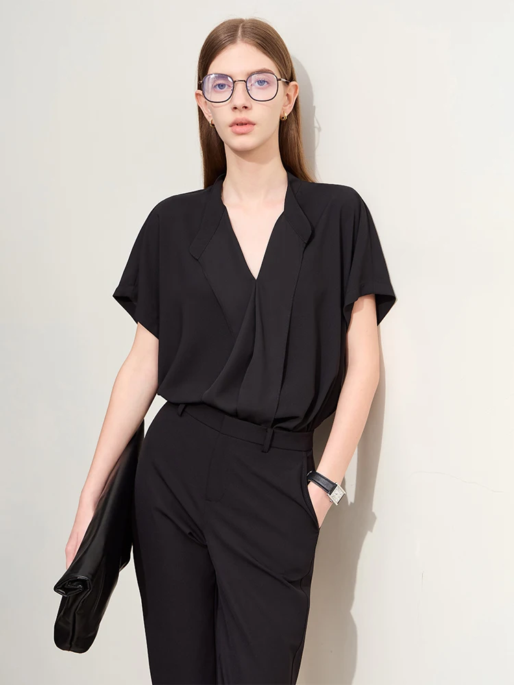 Amii Minimalism Women Blouses 2024 Summer New Simple Solid Falbala V-neck Short Sleeve Loose Chiffon Shirts for Women 12422116