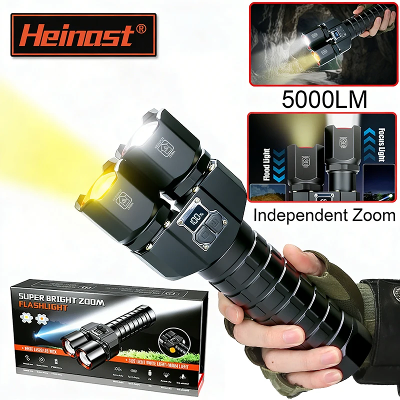 

Мощный светодиодный фонарь с двойным источником света, USB-перезаряжаемый, с зумом, белый/желтый свет, дальнобойный, с 4 аккумуляторами 181350