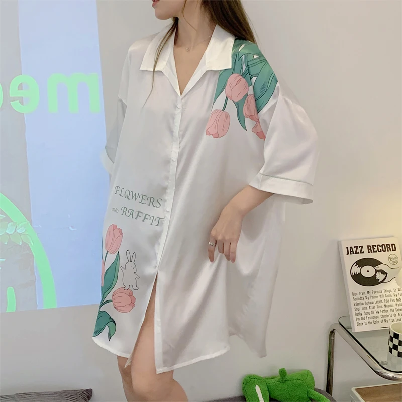 Summer Satin Silk Women Sleepwear Shirt White NightGown Rest Short Sexy Sleepshirt Loose Ladies Nightgown Shirt Girl Nightdress