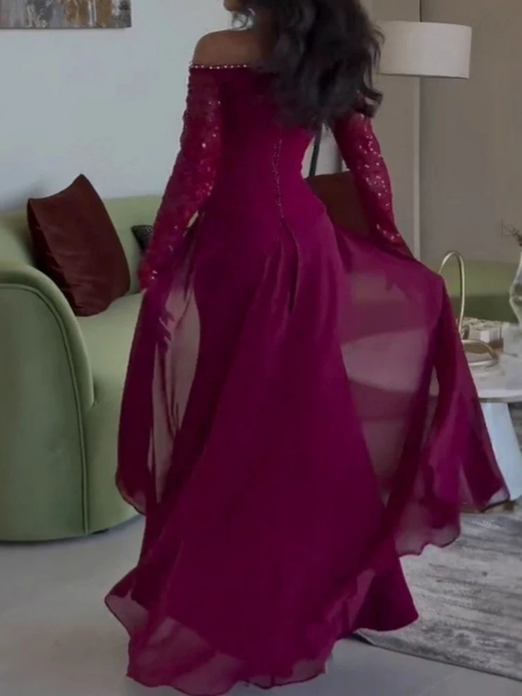 

Темпераментное вечернее платье со стразами и открытыми плечами, элегантное плиссированное банкетное платье с длинными рукавами и блестками, женское однотонное платье