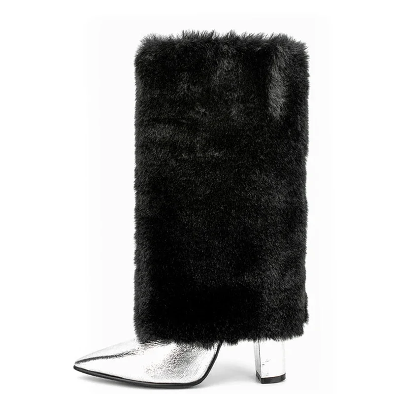 Big Size 44 Winter Thick Fur Overlay Short Booty Chunky Heels Half Knee High Boots For Women Pointed Toe Folded Over Furry Shoes