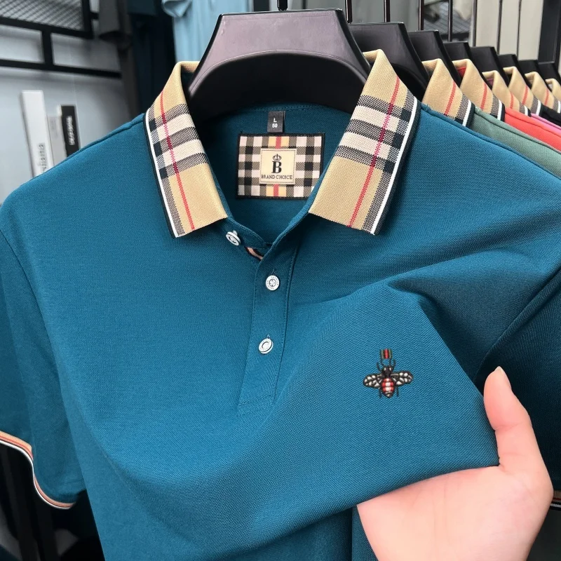

Luxury men's silk cotton short sleeve polo shirt summer fashion brand bee embroidery business casual color blocked lapel T-shirt