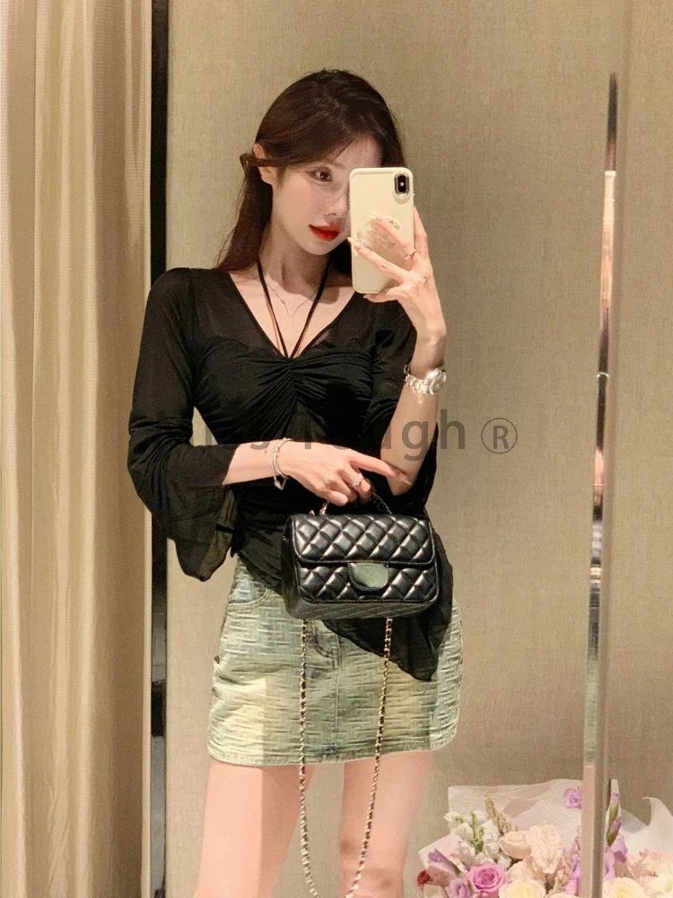 Summer New Thin Cardigan Women Sexy See Through Y2k Design V-Neck Harajuku Clothes Female Korean Fashion Chic Vintage 2000s Top