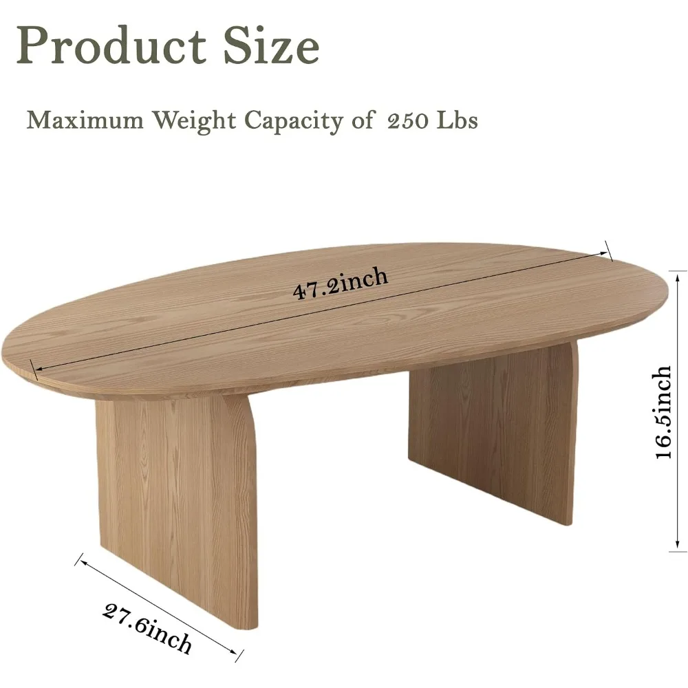 Large Oval Coffee Table, Oak Veneer Top with Solid Legs, Natural