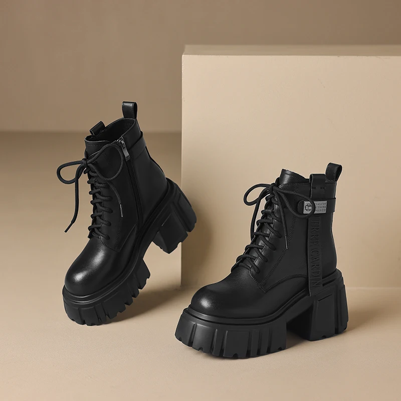 

New Fashion Women Boots Autumn Winter Genuine Leather 10cm Platform Shoes Sexy Motorcycle Boots
