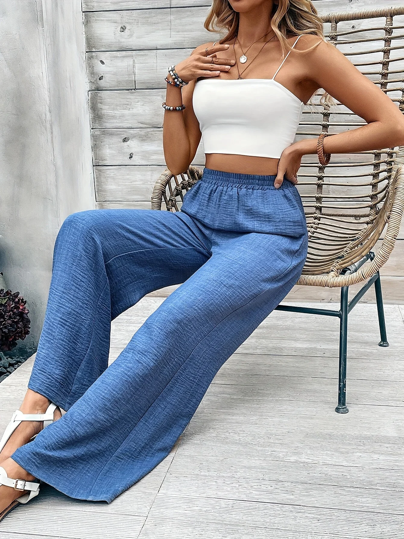 European and American women's fashionable temperament tie up high waisted wide leg pants