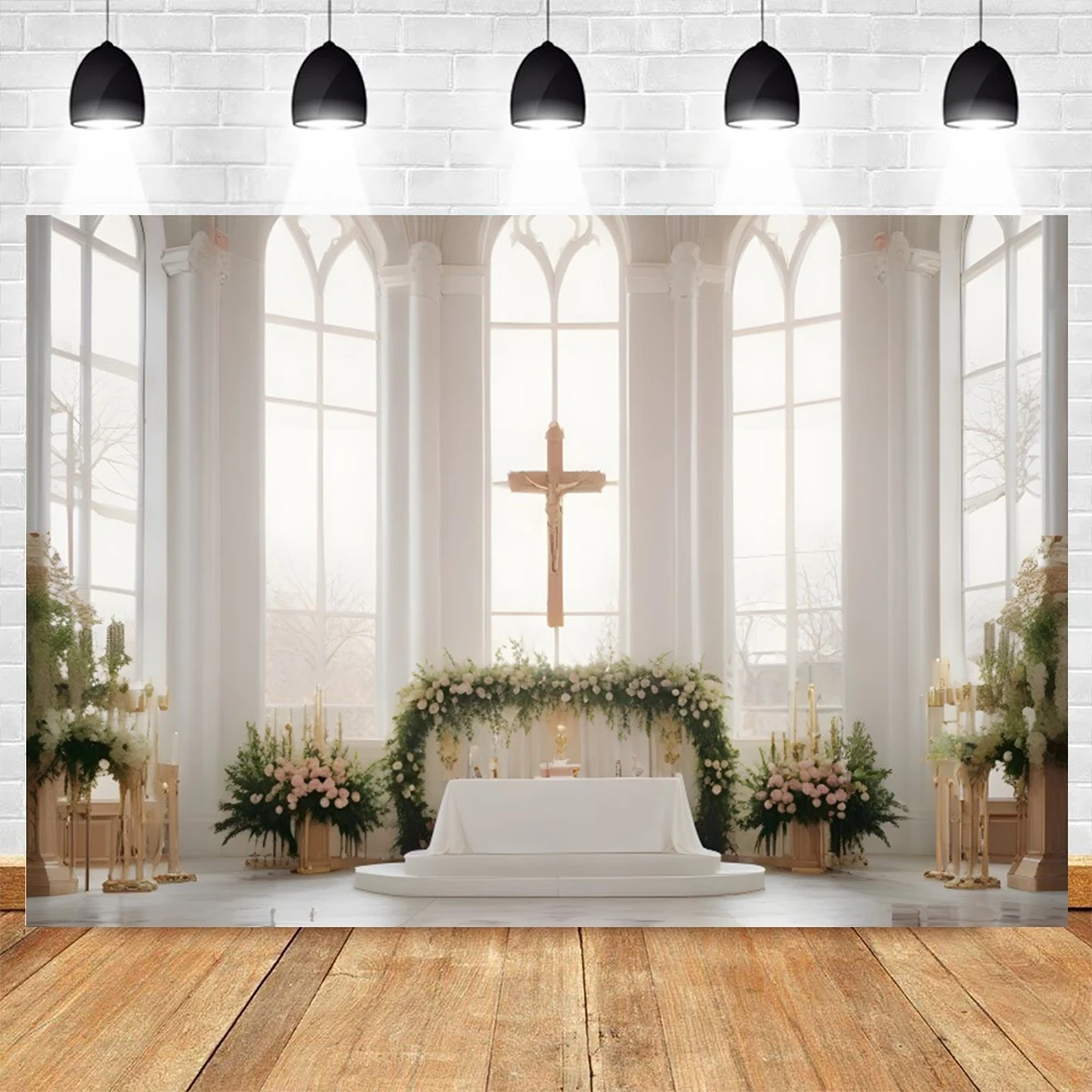 White Church Backdrop Jesus Cross Window Flower Kid Christening Wedding Party Photography Background Photostudio Photobooth Prop