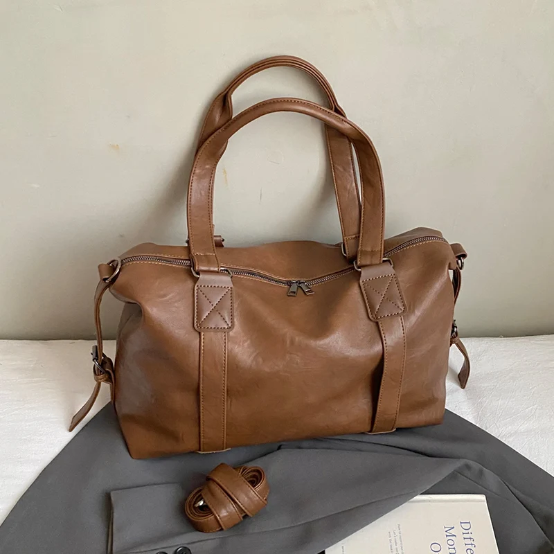 

Большая вместительная сумка-тоут для женщин, высококачественная дорожная сумка на плечо, черная, коричневая женская сумка, однотонная сумка-мессенджер из искусственной кожи