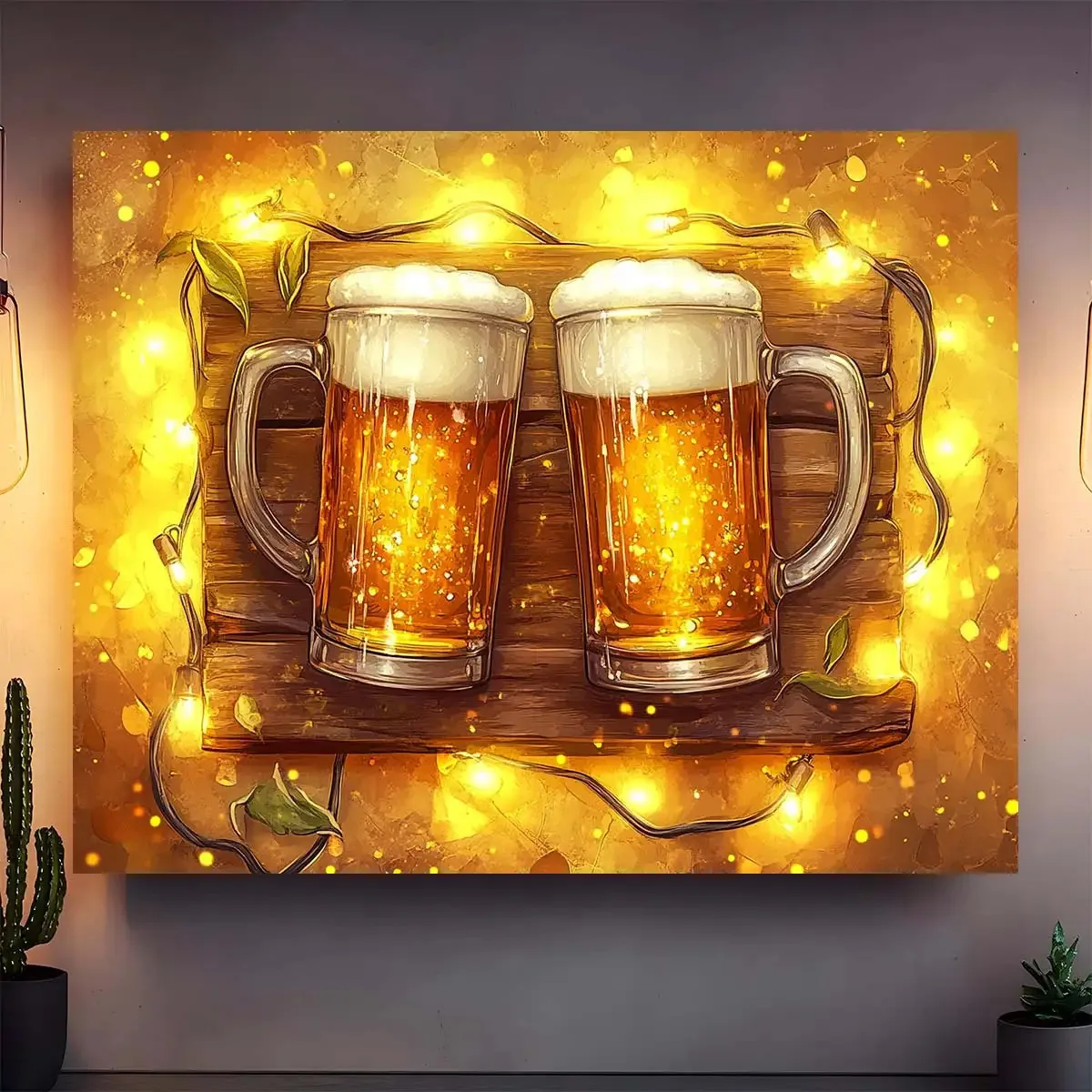 2D Flat,Golden Beer Mugs Cheers Wooden Board Fairy Lights Oktoberfest Party Backdrop Tapestry Brewery Pub Wall Decor Celebration