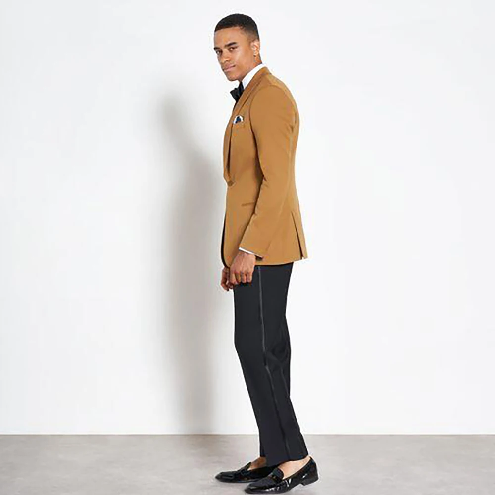 Slim Single Button Yellow Blazer Men Suit Two Pieces(Jacket+Black Pants) Outfits Casual Party Prom Wedding Set