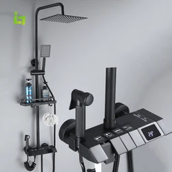 Temperature Display Shower Faucet Black Piano Buttons Stainless Steel Material Bathtub Bathroom Tap Cold and Hot