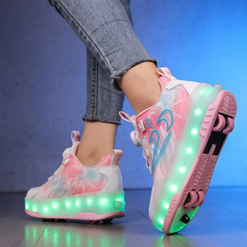 Sapatos de caminhada com luz led para crianças, fileira dupla, quatro rodas, patins de gelo, calçados unissex para crianças