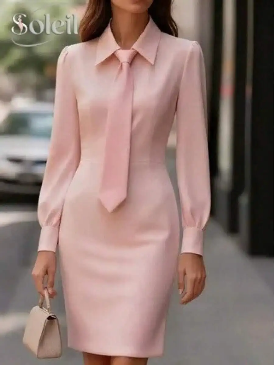 

Women Solid Tie Neck Slim Waist Long Sleeve Midi Dress