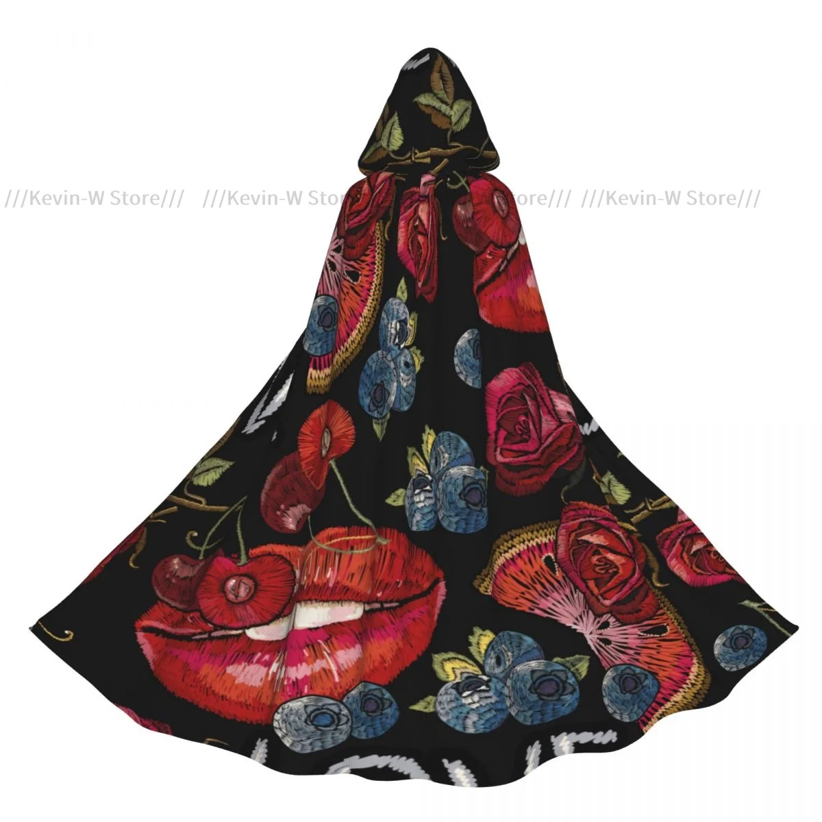 

Embroidery Lips Watermelon Cherry And Bilberry Hooded Cloak Polyester Unisex Witch Cape Costume Accessory