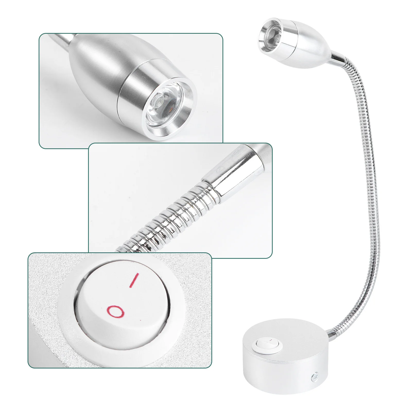 

1 Piece LED Reading Light Flexible Gooseneck Wall Lamp for Bedroom Office Hotel with on Off Switch Silver White