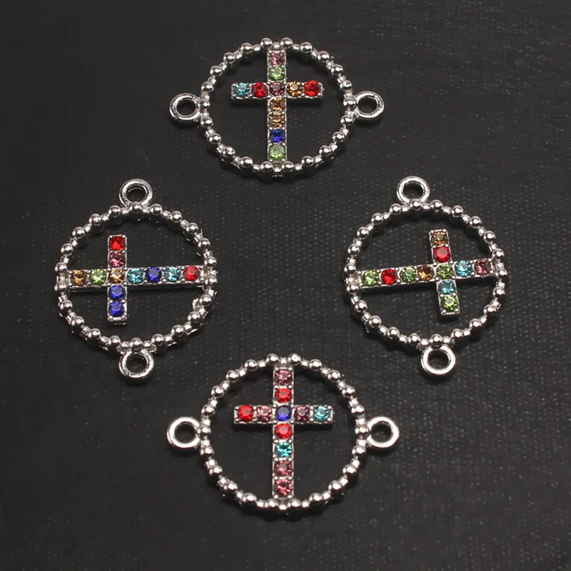 10pcs Color Rhinestones Christian Circle Crosses Alloy Connectors DIY Charms Bracelet Earrings Jewelry Crafts Metal Accessories