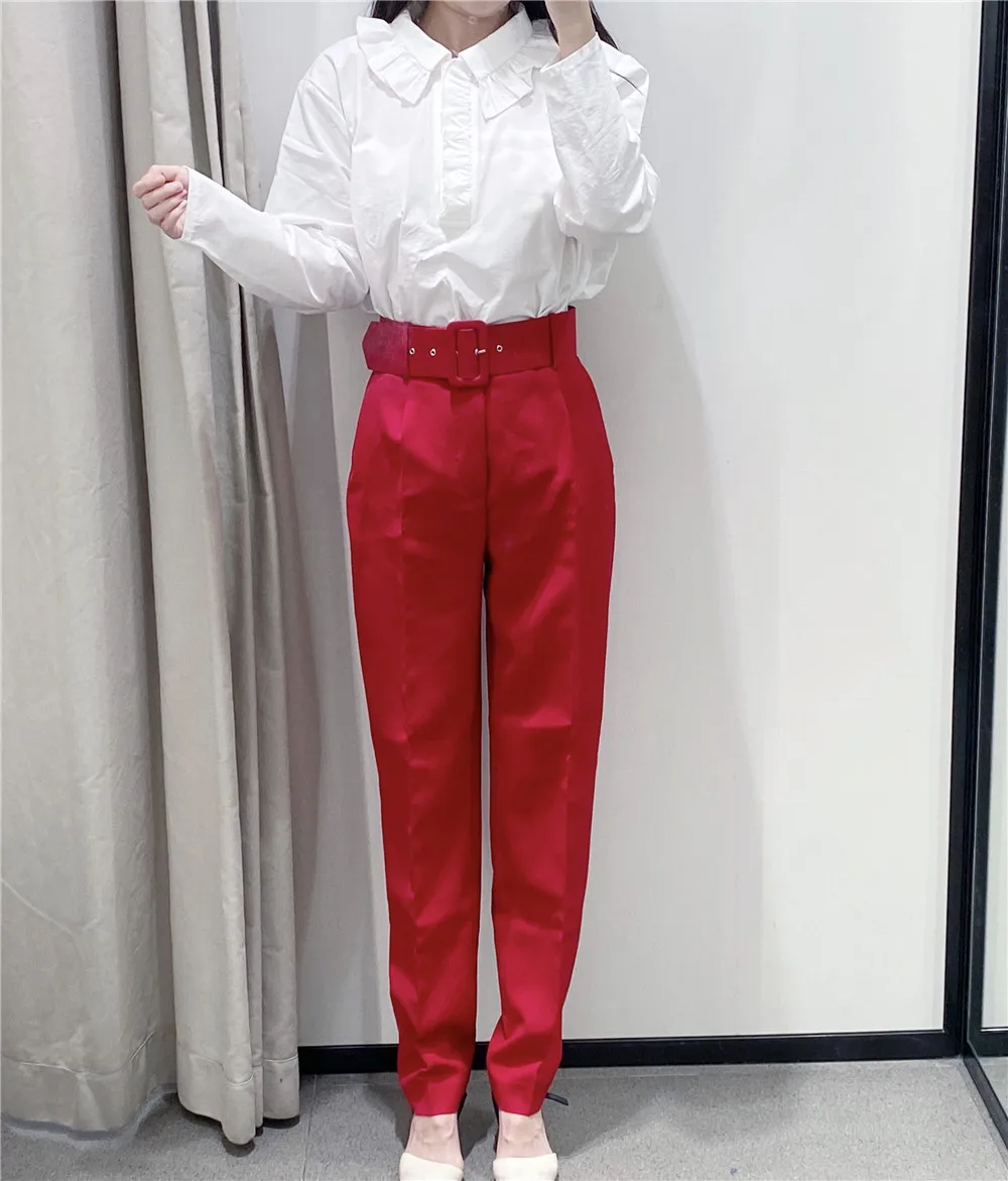 Hot Sale New Women candy color pants red pink color chic sashes business Trousers female fake zipper pantalones mujer pants P953