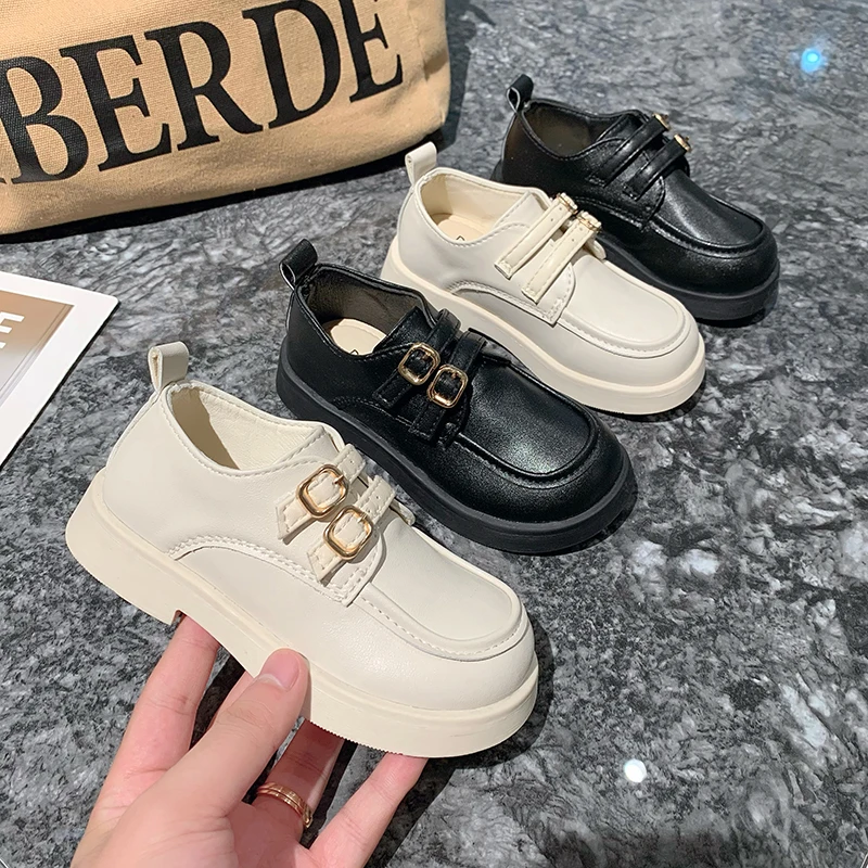 Childre Girls Leather Shoes Versatile Round-toe Classic Round-toe Black Uniform School Shoes Korean Style Kids Loafers 2023 New