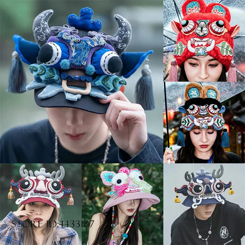 Unisex Chinese Traditional Lion Dance Hat Handmade Embroidered Folk Style Baseball Cap Bucket Hat Cosplay Party Headwear
