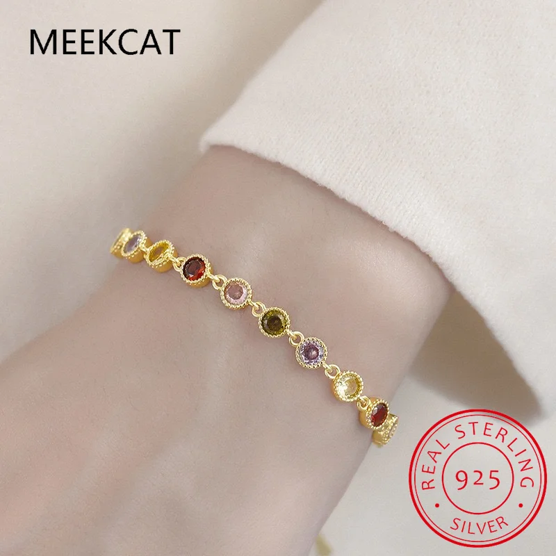 

Round Colorful Moissanite Tennis Bracelet Lab Diamond S925 Sterling Silver Rainbow Gemstone Bracelet Pulseira for Women Man Gift