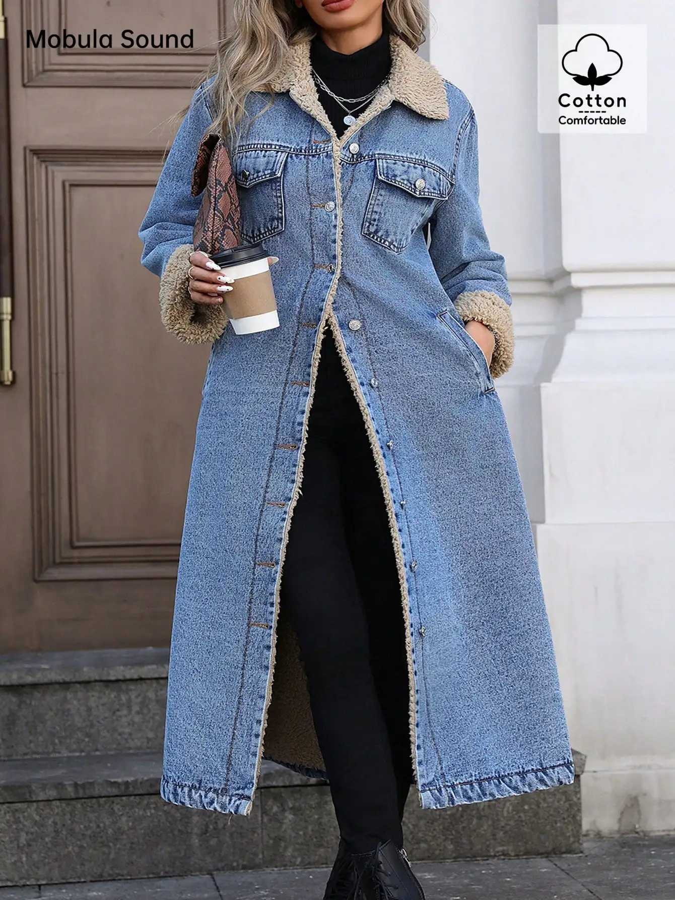 Veste en jean Y2K pour femmes grandes tailles avec doublure en fausse fourrure, style long pour un usage décontracté et hivernal