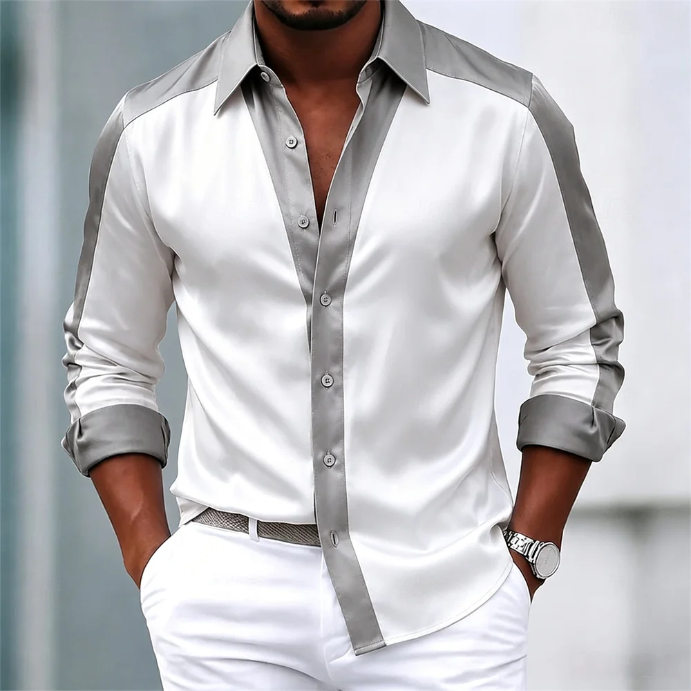 Men's shirt satin shirt dress shirt casual shirt button up shirt ball shirt color block party wedding long sleeved lapel spring