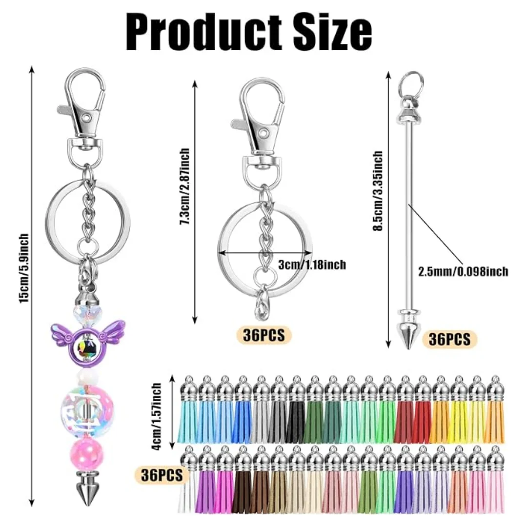 72 Pcs Beadable Keychains Bars, Included 36Pcs Silver Beadable Keychains Bars Bulk Blank for Keychain Making and 36Pcs Colorful