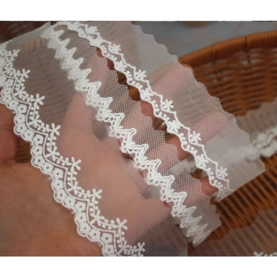 Weiße Baumwoll-Spitzenborte mit Stickerei für Kinderkleidung. DIY Handgefertigte Spitzenmaterialien, Kleidungszubehör, Nähzubehör. – Detail 2