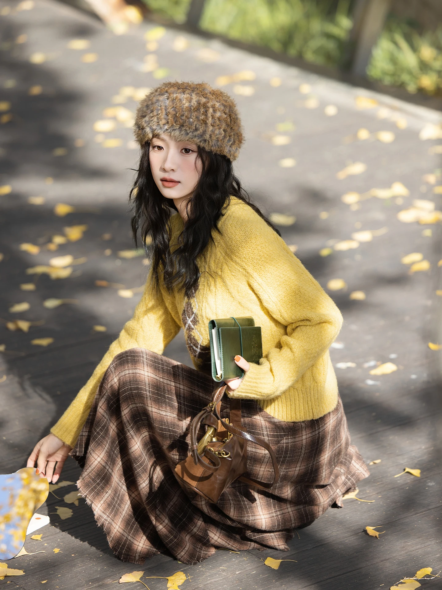 

Yellow Diamond Pattern Loose Knitted Sweater Vintage Sle round Ne Pullover Thiened Winter New Arrival for Women