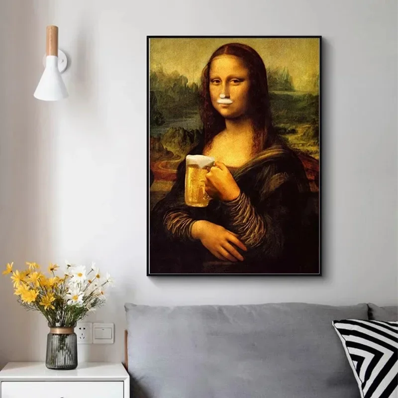 Spoof Fun Mona Lisa Drinking Beer Canvas Painting Posters and Wall Art Picture for Living Room Home Decor Wall Art Picture