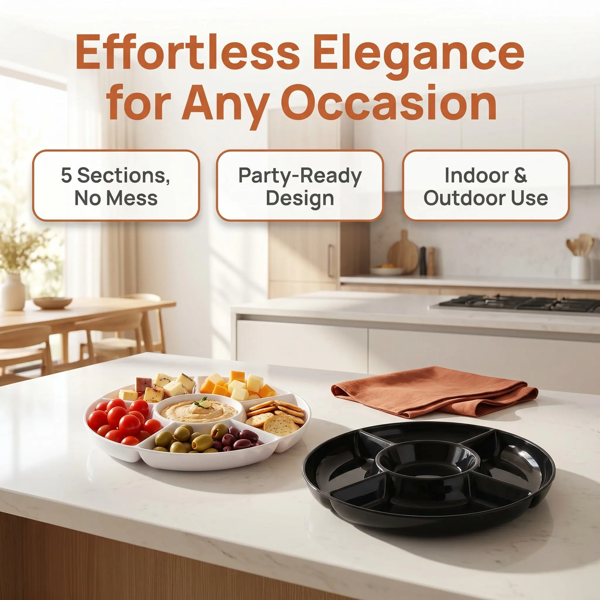 6Pcs Plastic 5 Sectional Serving Trays 9.8 Inch Divided Snack Plates Reusable Party Platters for Fruit Nuts Salads Vegetables