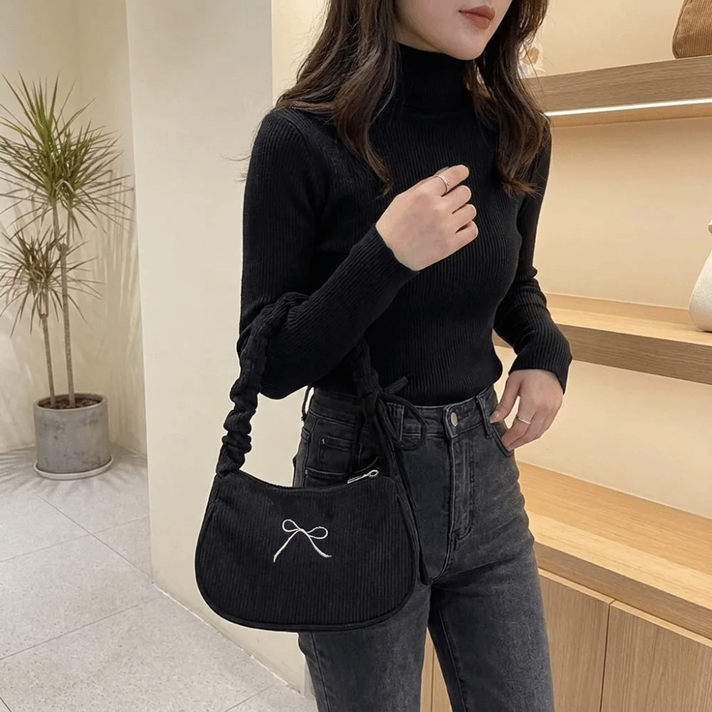 Zipper Closure Corduroy Shoulder Bag Polyester Lining Adjustable Strap Ruched Underarm Bag Bow Embroidery Cute Handbag Commute