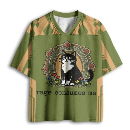 Rage Consumes Me Vintage Black White Cat Floral Print Men V Neck Mesh Jersey Short Sleeve Tee