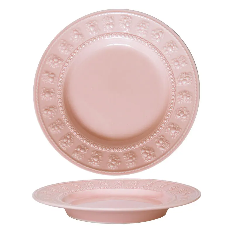 European Relief Ceramic Plates and Bowls Set Creative Restaurant Home Pasta Dinner Plates Rice Bowl Underglaze Color Tableware