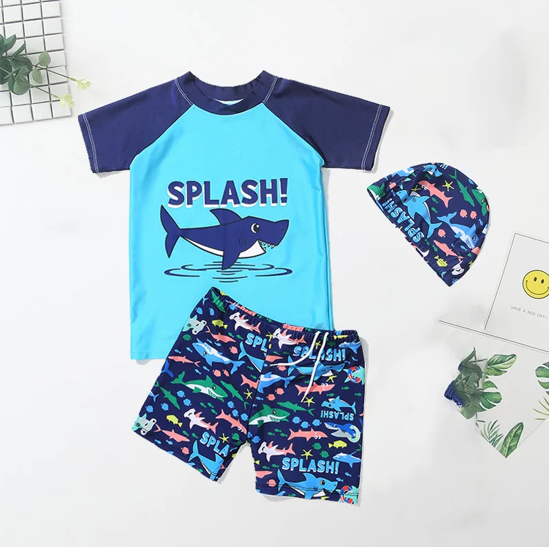 Children's Short Sleeve Swimming Suit Sets, Baby Cartoon Swimwear with Cap, Teen Boy, Girl, Hot Spring, 3 Pcs