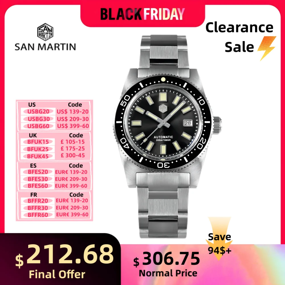 San Martin 37mm 62Mas Diving Watch Automatic Mechanical Wristwatch Self-Wind PT5000 SW200 Sport 20Bar Sapphire Luxury SN0007X-0