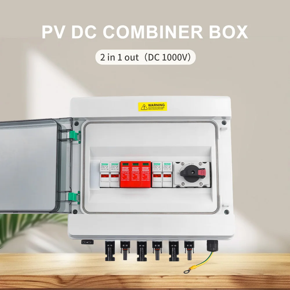 Wall-mounted 1000V 2 In1 Out IP65 Waterproof Solar Photovoltaic PV Combiner Box With Surge Lightning Protection MCB SPD DC Fuse