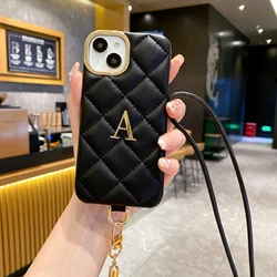 Personalized Initials letter Leather Phone Case for iPhone17 16 15 14 13 12ProMax 15 16Plus Crossbody Lanyard Small Letter Case