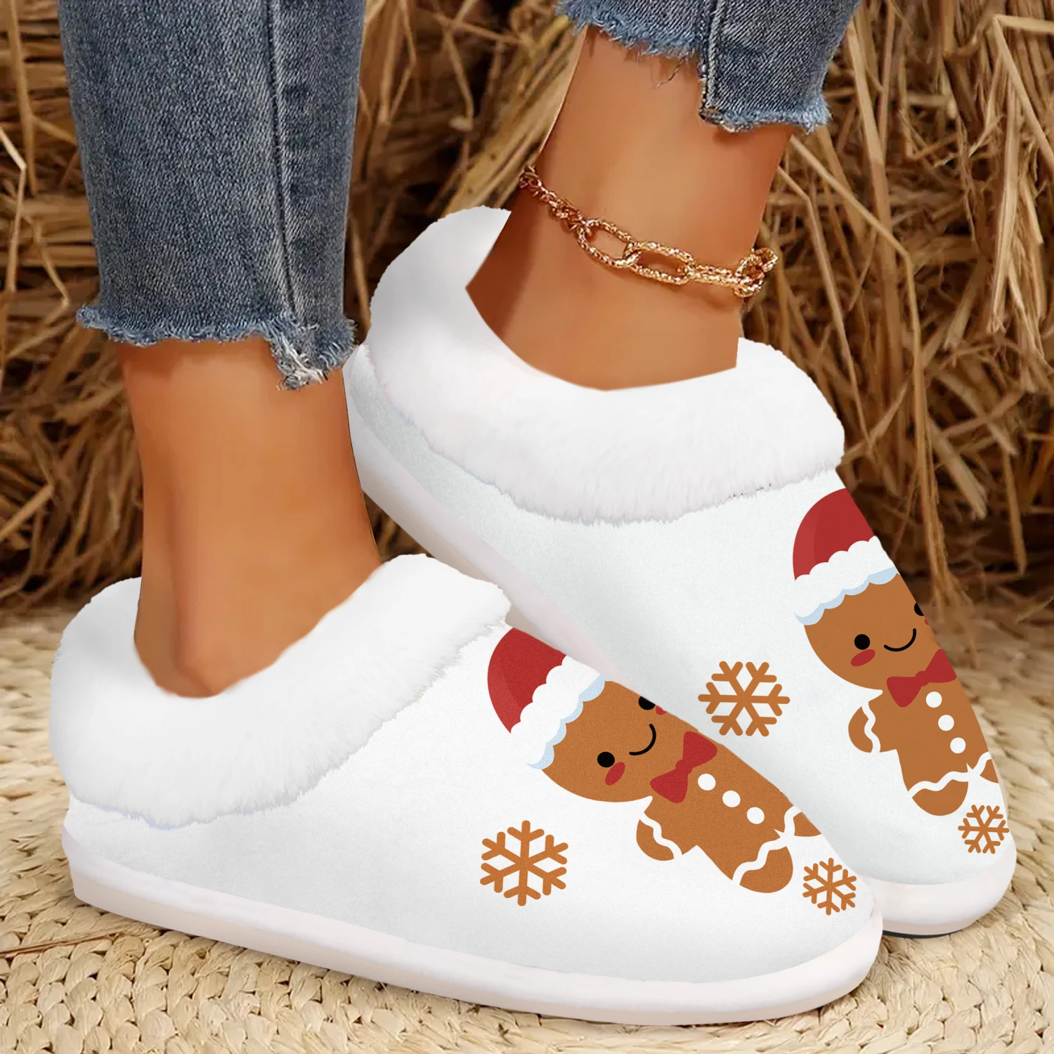 Christmas Gingerbread Man Slippers, Casual Style, Soft, Comfy Fuzzy Flannel House Shoes, Rubber Non-Slip Sole, Machine Washable - Image 5