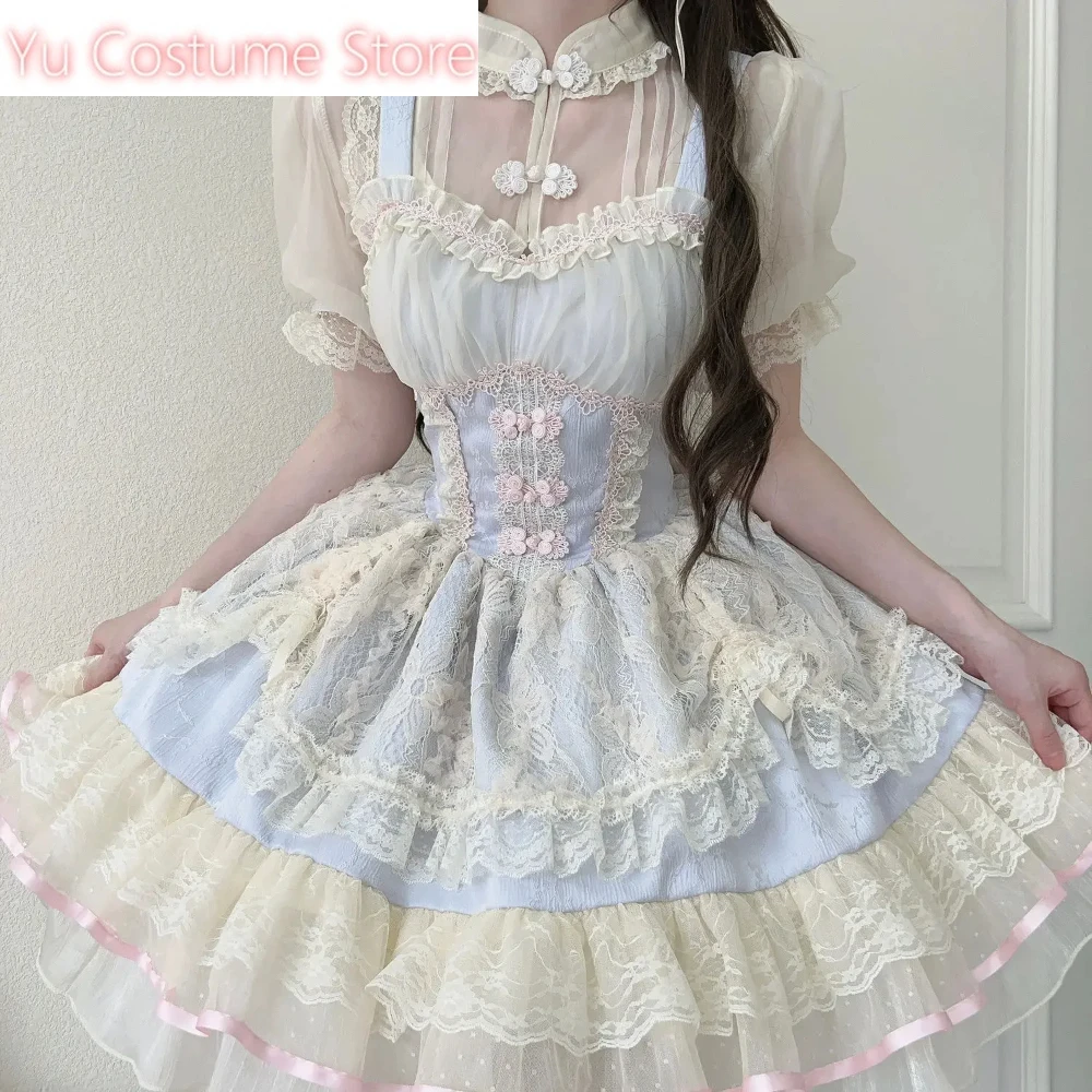 

Chinese Style Ballet Lolita Jsk Princess Dress Women Lovely Lace Ruffles Tea Party Sling Mini Dress Summer Sweet Y2k Yu Cosplay