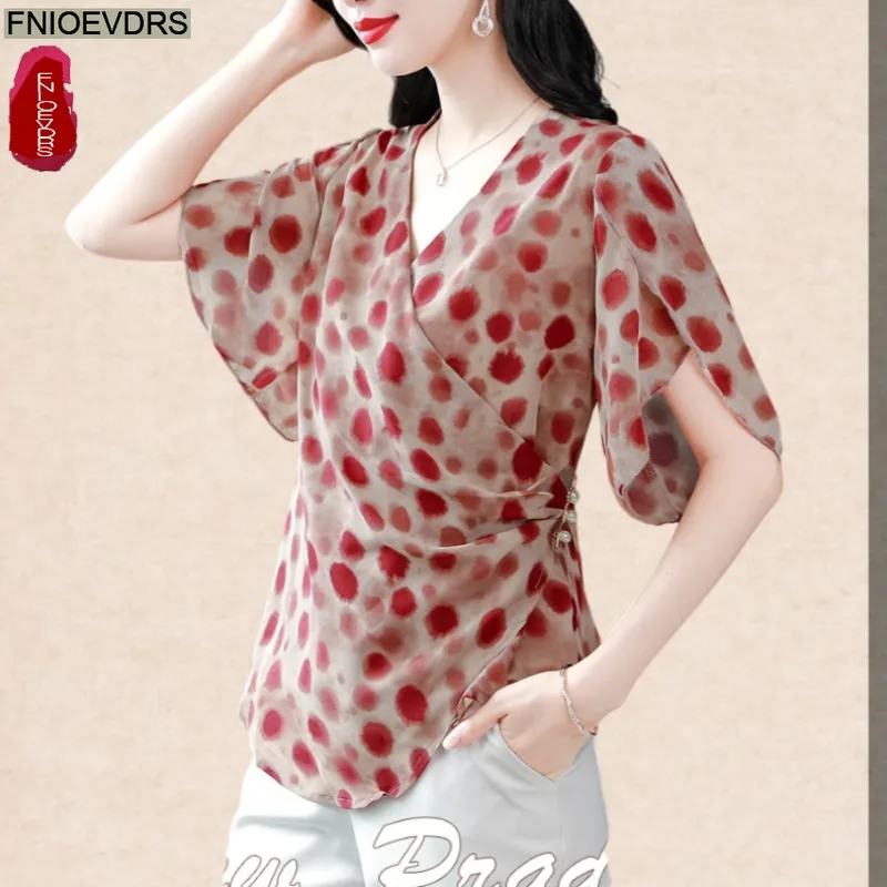 

Loose Clothes Elegant Ruffles Chiffon Shirts Women Summer Short Sleeve Retro Vintage Floral Bling Bead Tops Belly Peplum Blouses