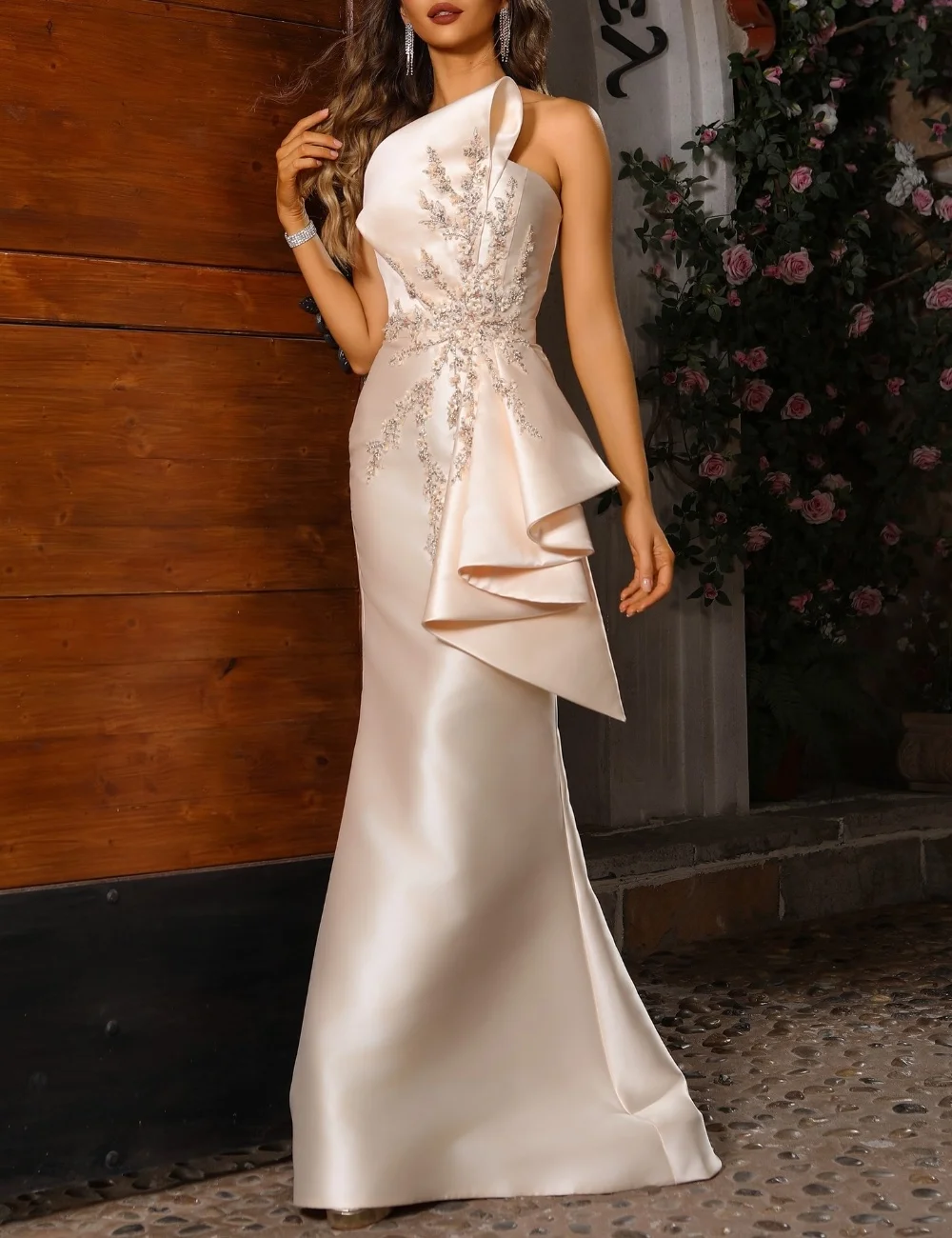 

Customized Luxurious Exquisite Pleat Bow Beading Sequined Applique Mermaid Strapless Long Dresses Evening Dresses Elegant Retro